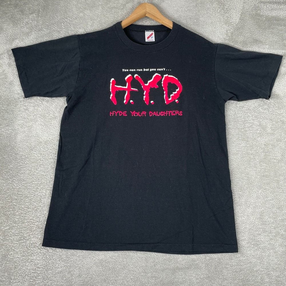 Vintage HYD Hyde Your Daughters Shirt Mens Large Black Jerzees 90s Made USA